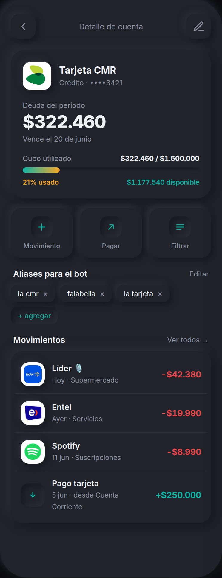 Detalle de una tarjeta de crédito en Controlao: deuda del período, cupo usado y disponible, alias del bot y movimientos.