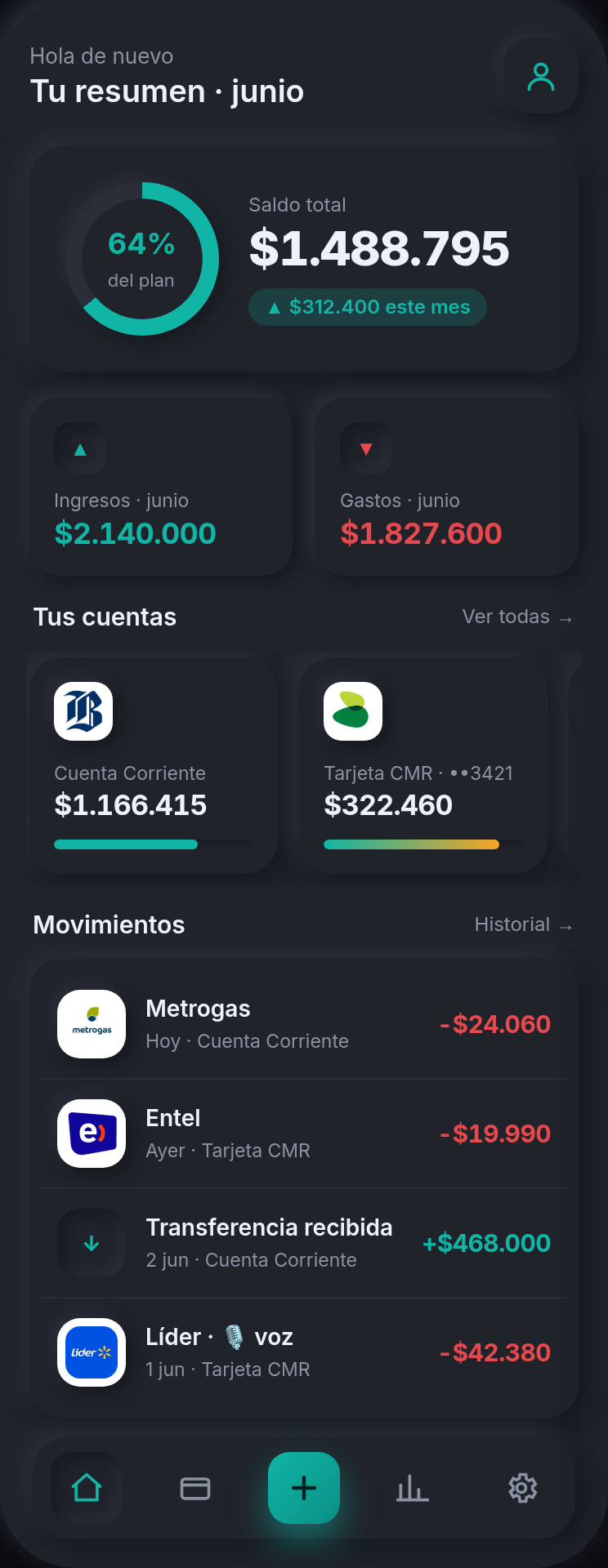 Pantalla de inicio de Controlao: saldo total, ingresos y gastos del mes, tus cuentas con logo y los últimos movimientos.